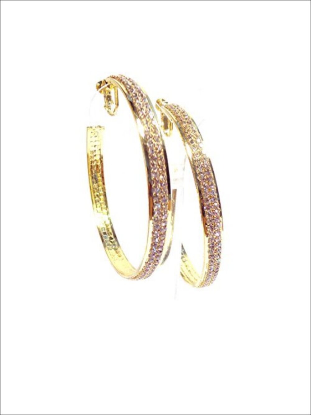 Gold Tone 3 Inch Clip On Hoop Earrings Crystal Rhinestone Lined
